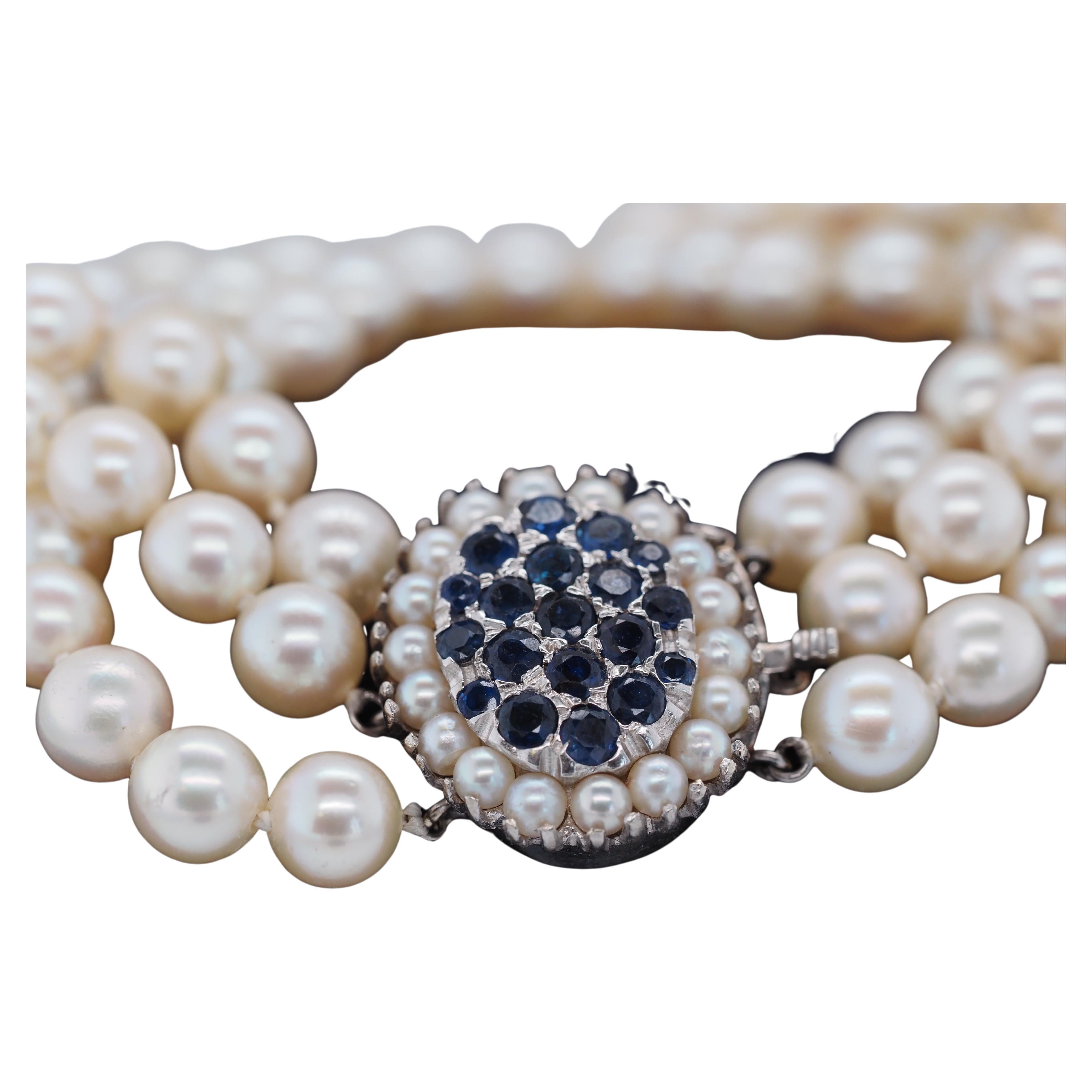1960s 14k White Gold Pearl Bracelet with Natural Sapphires For Sale