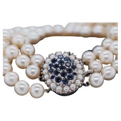 Retro 1960s 14k White Gold Pearl Bracelet with Natural Sapphires