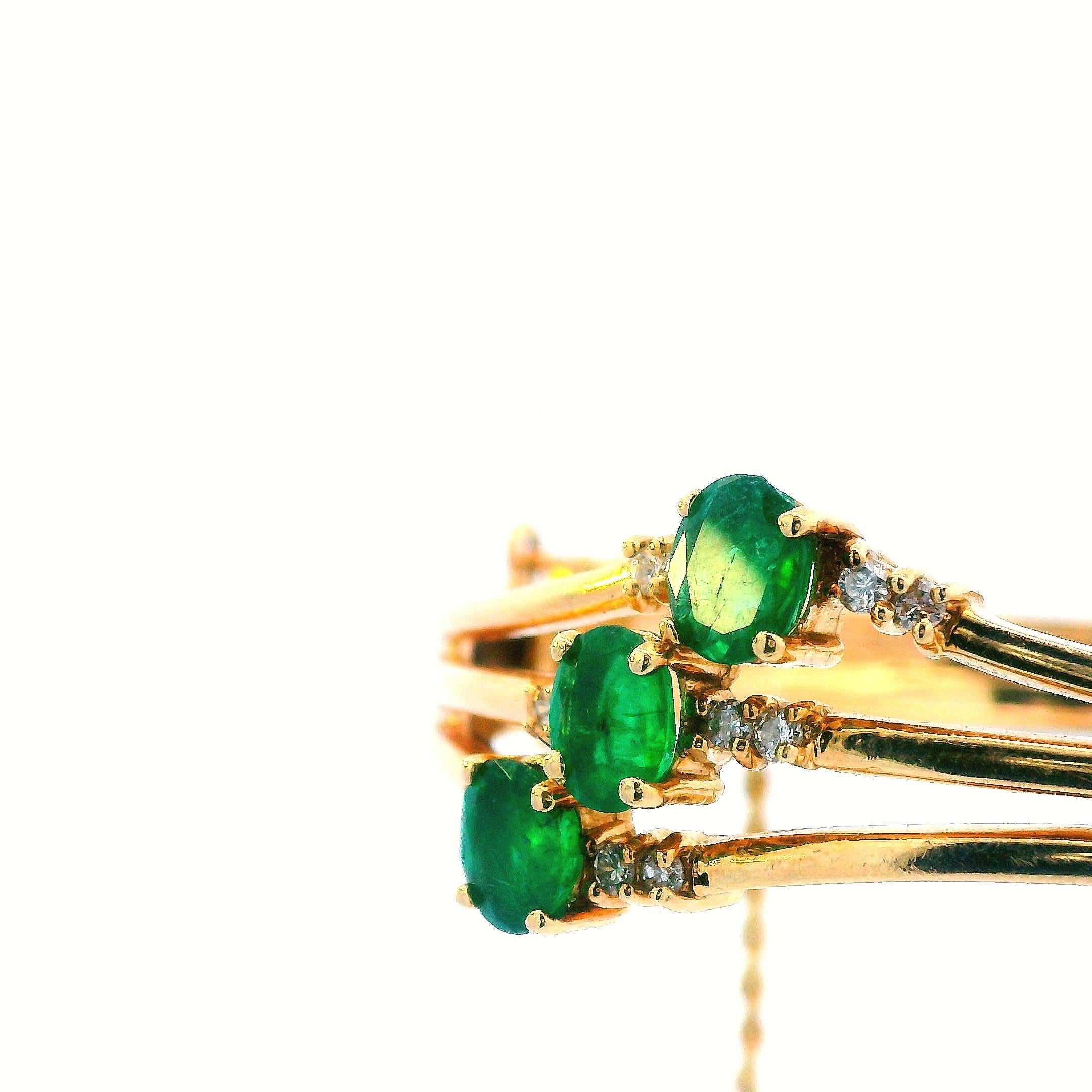 1960s 14k Yellow Gold Emerald and Diamond Bangle For Sale 2