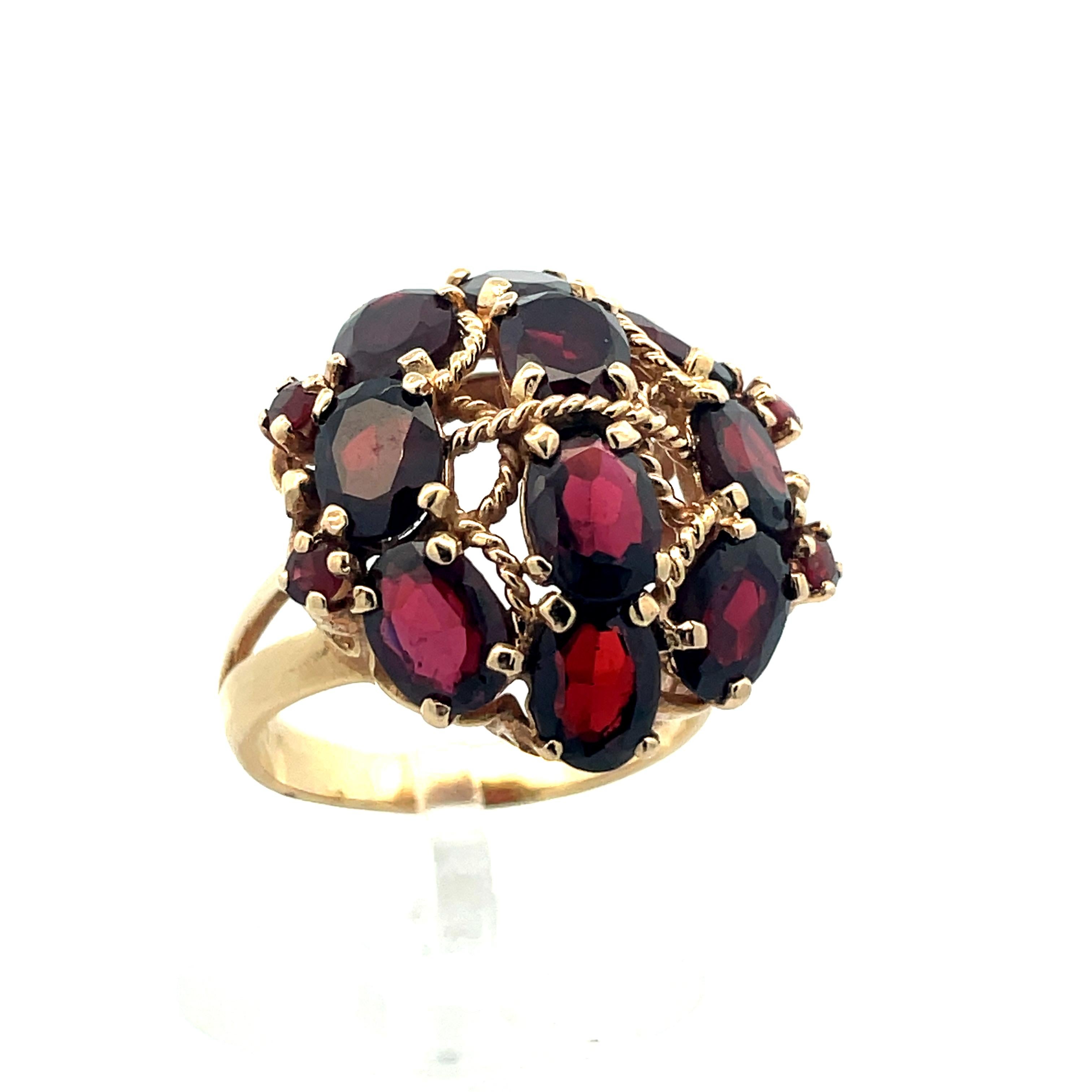 Oval Cut 1960s 14k Yellow Gold Garnet Cluster Ring  For Sale