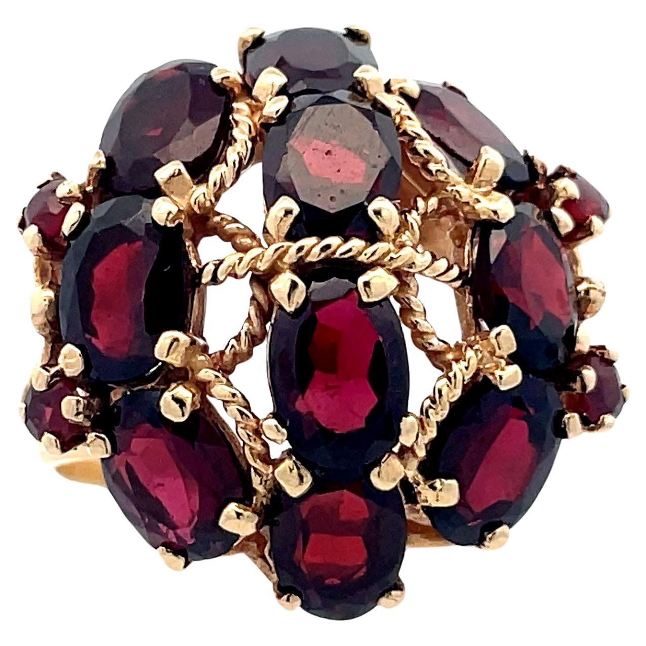 1960s 14k Yellow Gold Garnet Cluster Ring  For Sale
