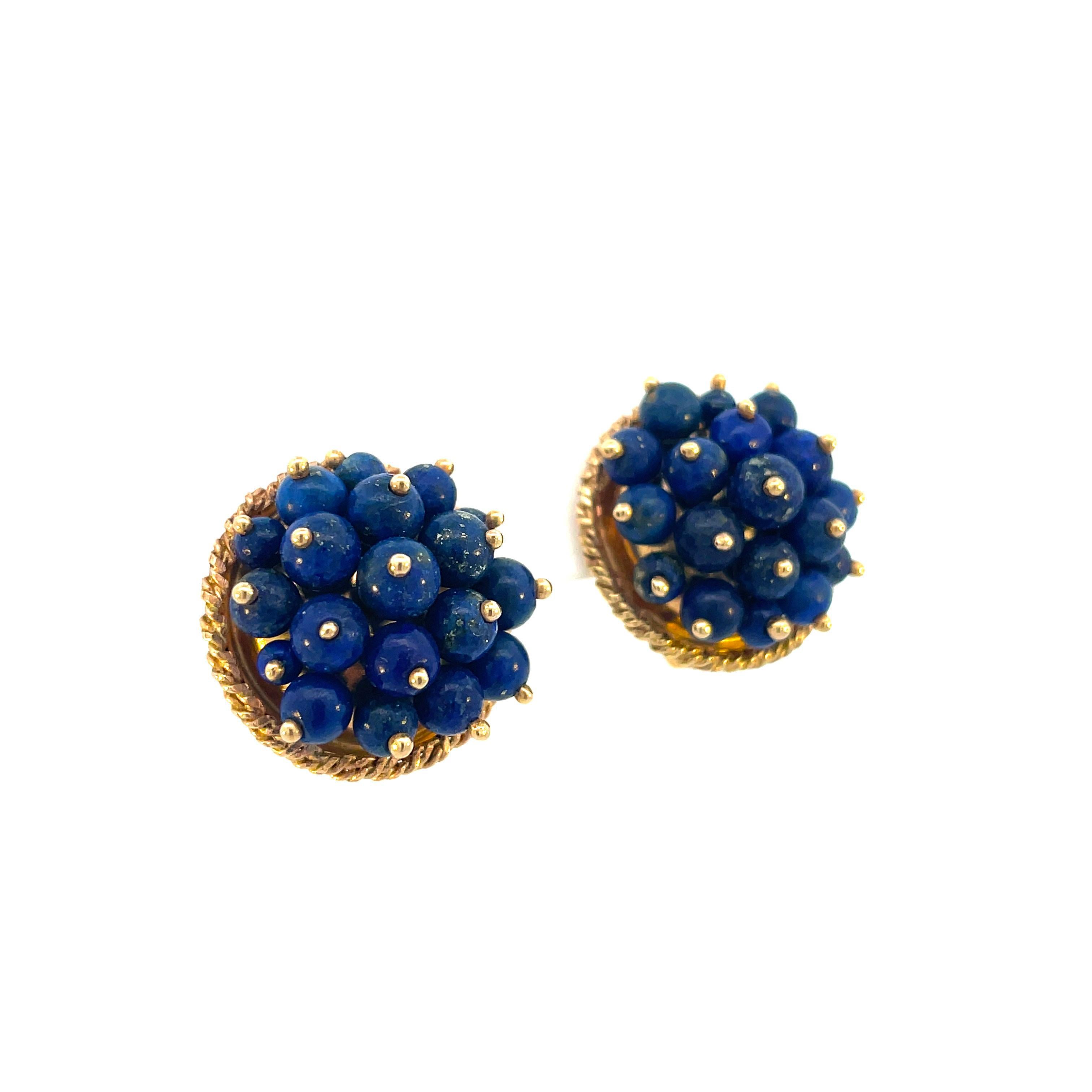 1960s 14K Yellow Gold Lapis Bead Lever-Back Earrings In Good Condition For Sale In Lexington, KY