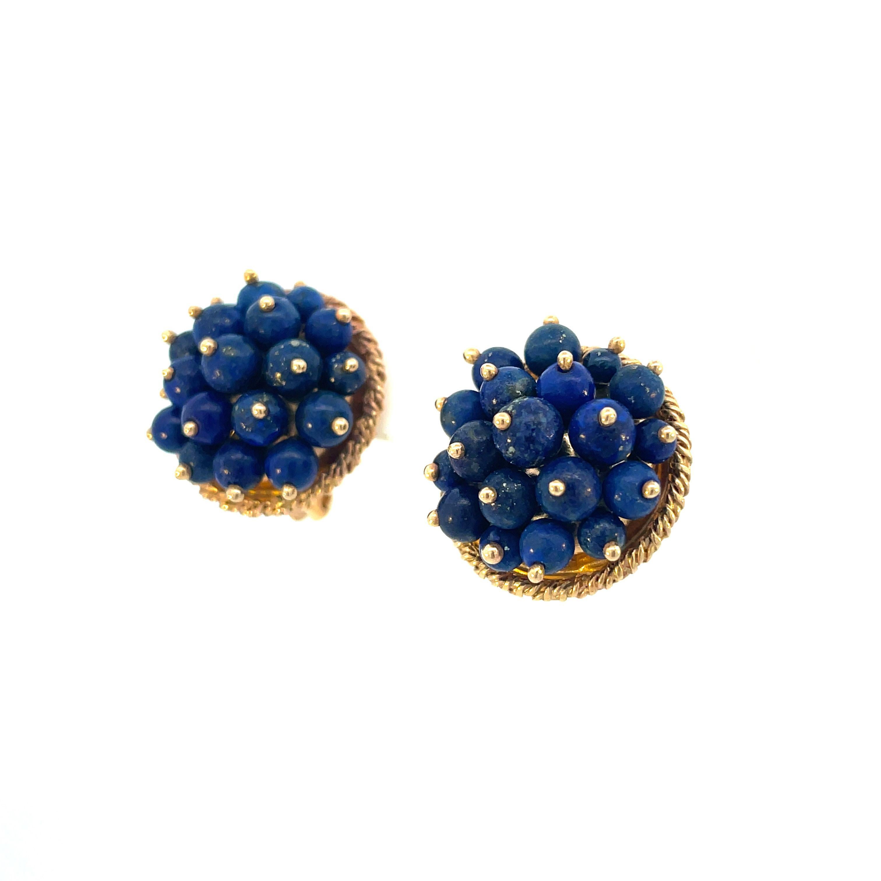 1960s 14K Yellow Gold Lapis Bead Lever-Back Earrings For Sale 1
