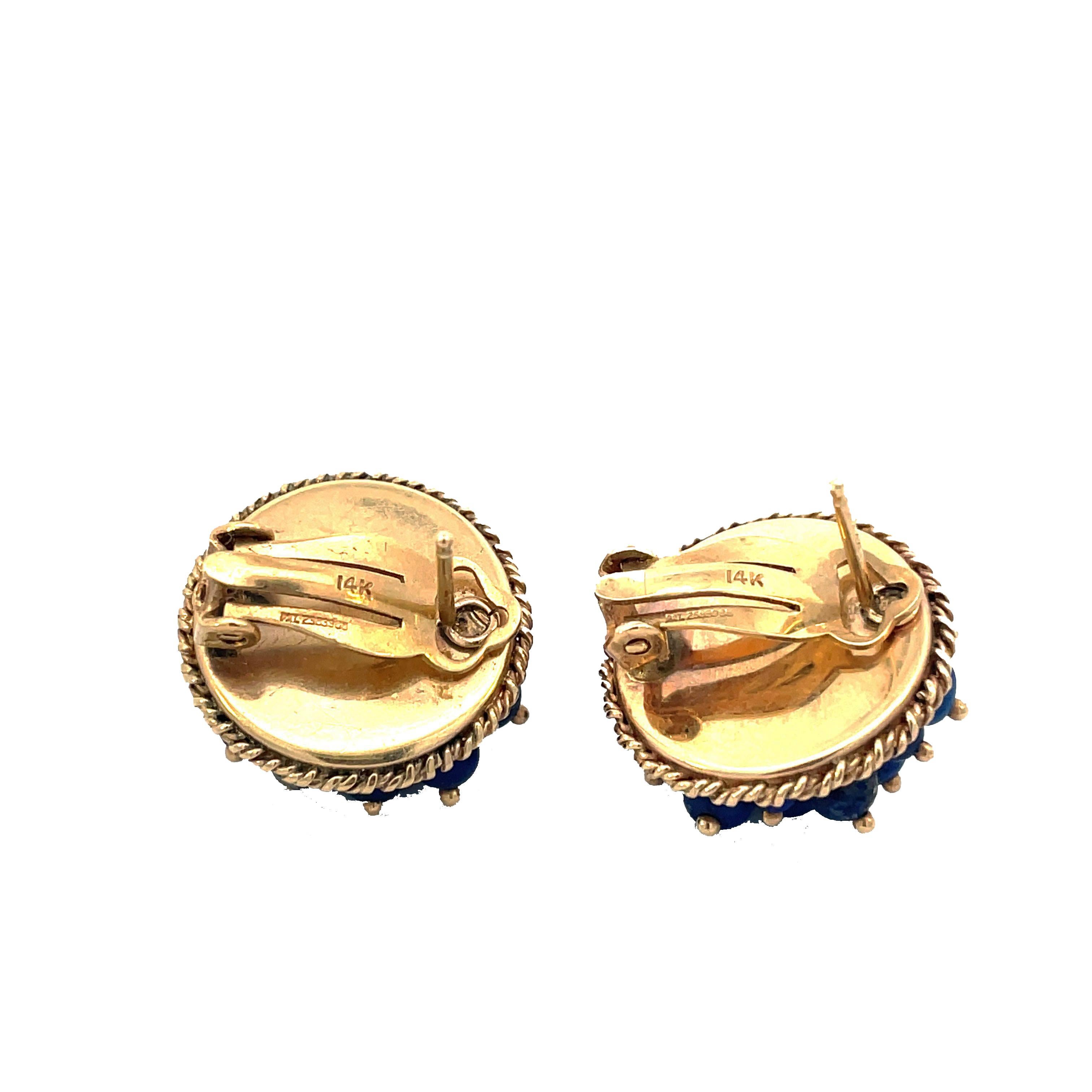 1960s 14K Yellow Gold Lapis Bead Lever-Back Earrings For Sale 3