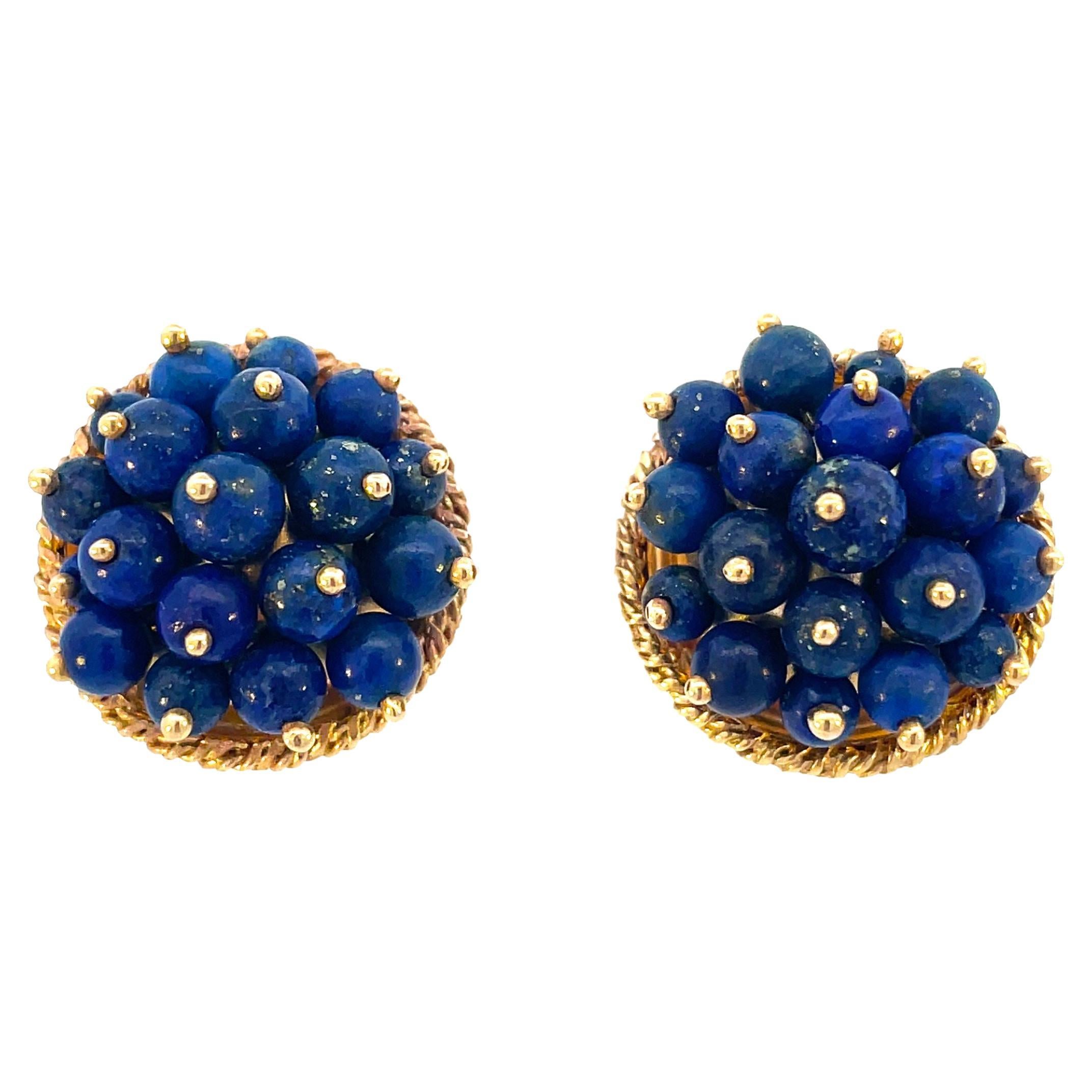 1960s 14K Yellow Gold Lapis Bead Lever-Back Earrings For Sale