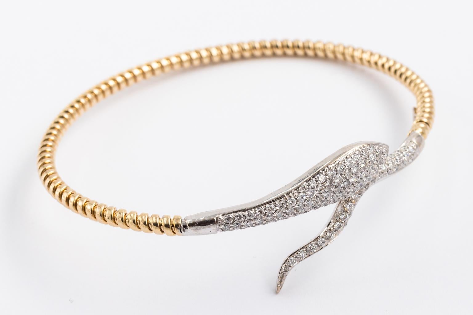 Women's 1960s 14 Karat Gold Diamond Snake Bangle Bracelet