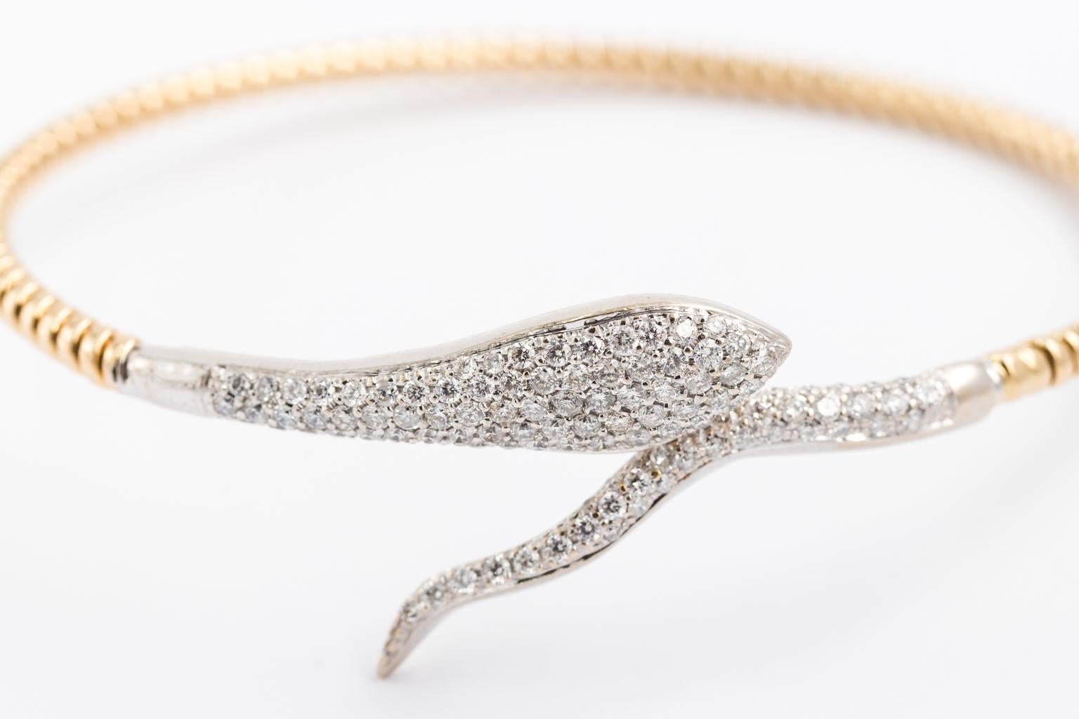 1960s 14 Karat Gold Diamond Snake Bangle Bracelet 2