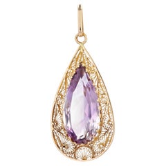 1960s, 15 Carats Amethyst Briolette 18 Karat Filigreed Rose Gold Pendant