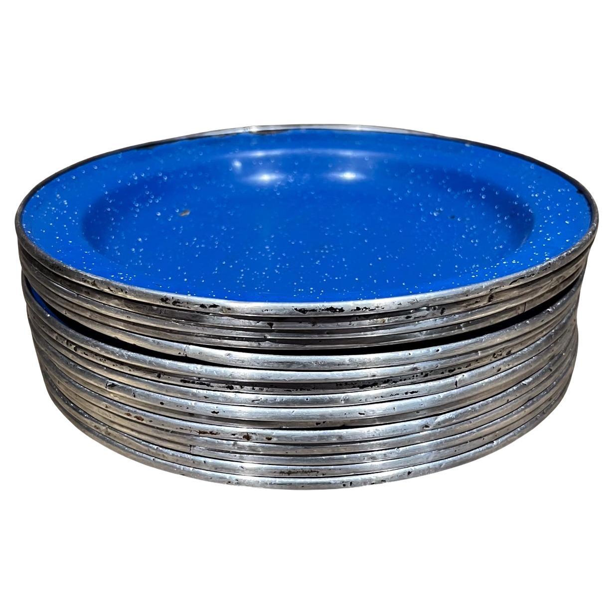 1960s Speckled Blue 15 Enamelware Plates Camping Dinnerware Mexico For Sale