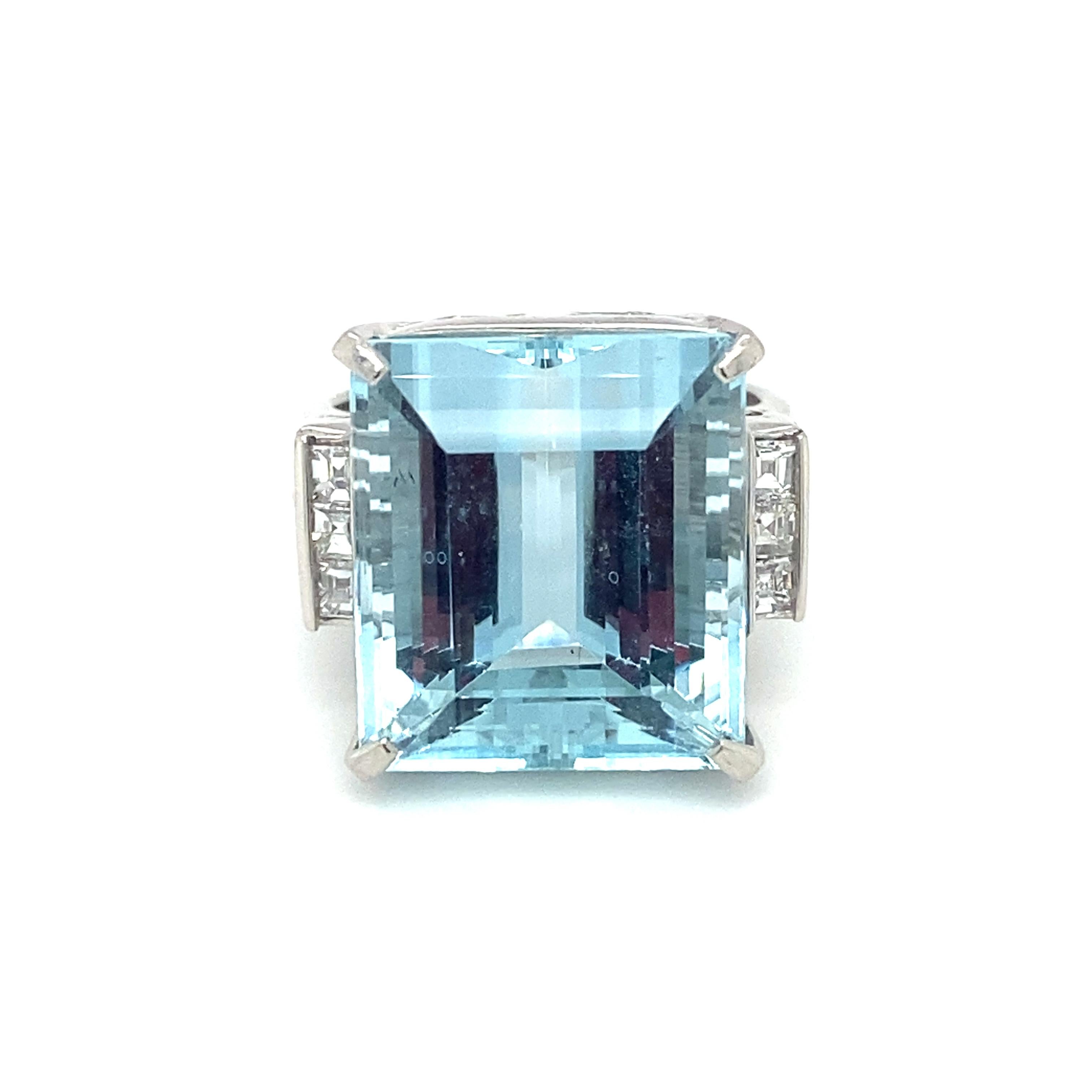 Emerald Cut 1960s, 15.32 Carat Aquamarine and Diamond Cocktail Ring in Platinum For Sale