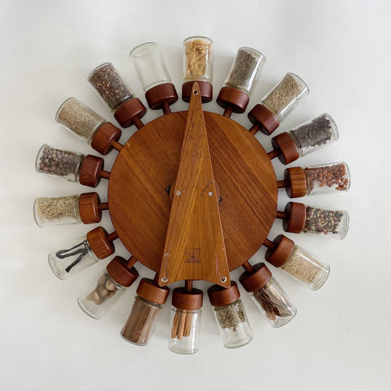 Mid-Century Modern 1960s 18 Jar Teak & Glass Wall Mounted, Rotating Spice Wheel From Denmark by Dig