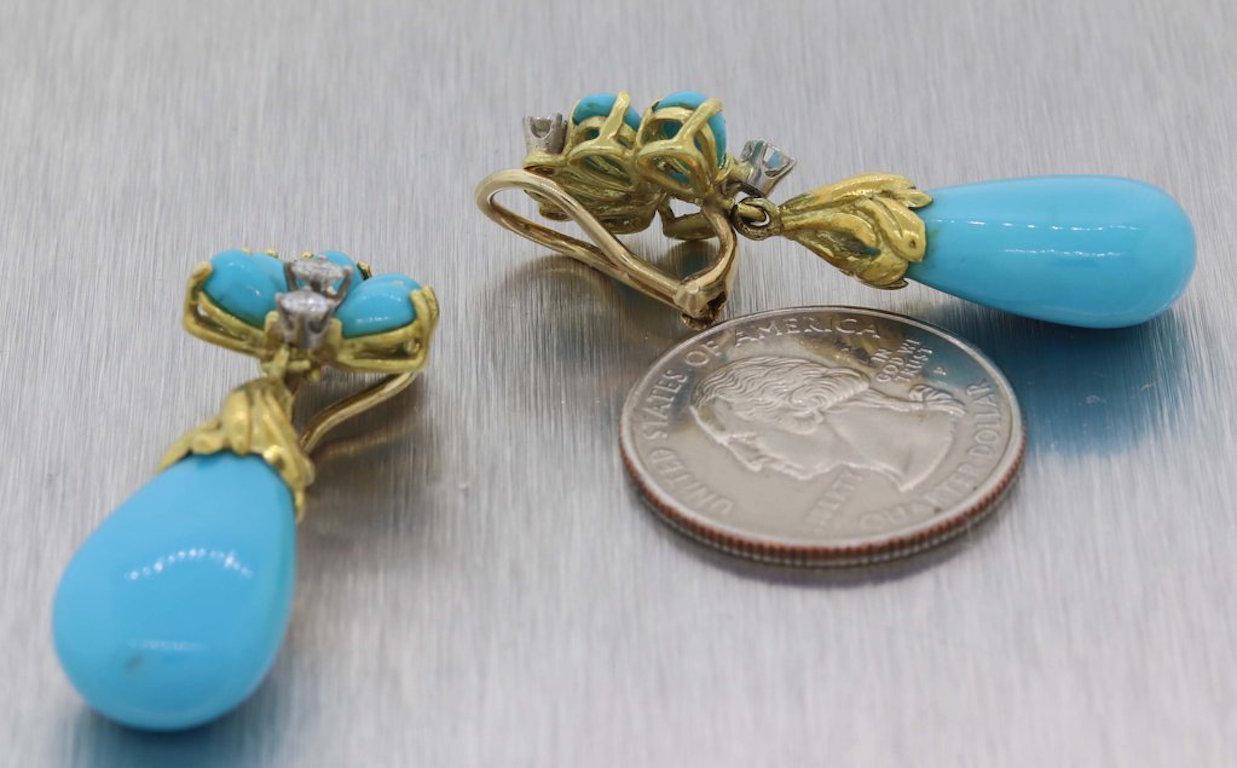 Retro 1960's 18 Karat Gold Turquoise Diamond Dangle Pendant Earrings For Sale