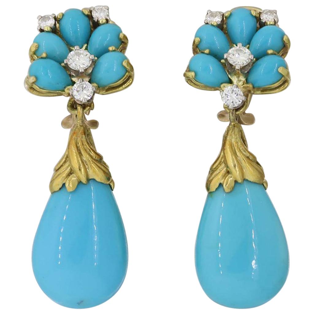 1960's 18 Karat Gold Turquoise Diamond Dangle Pendant Earrings For Sale