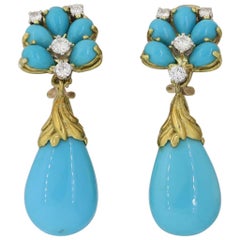 1960's 18 Karat Gold Turquoise Diamond Dangle Pendant Earrings