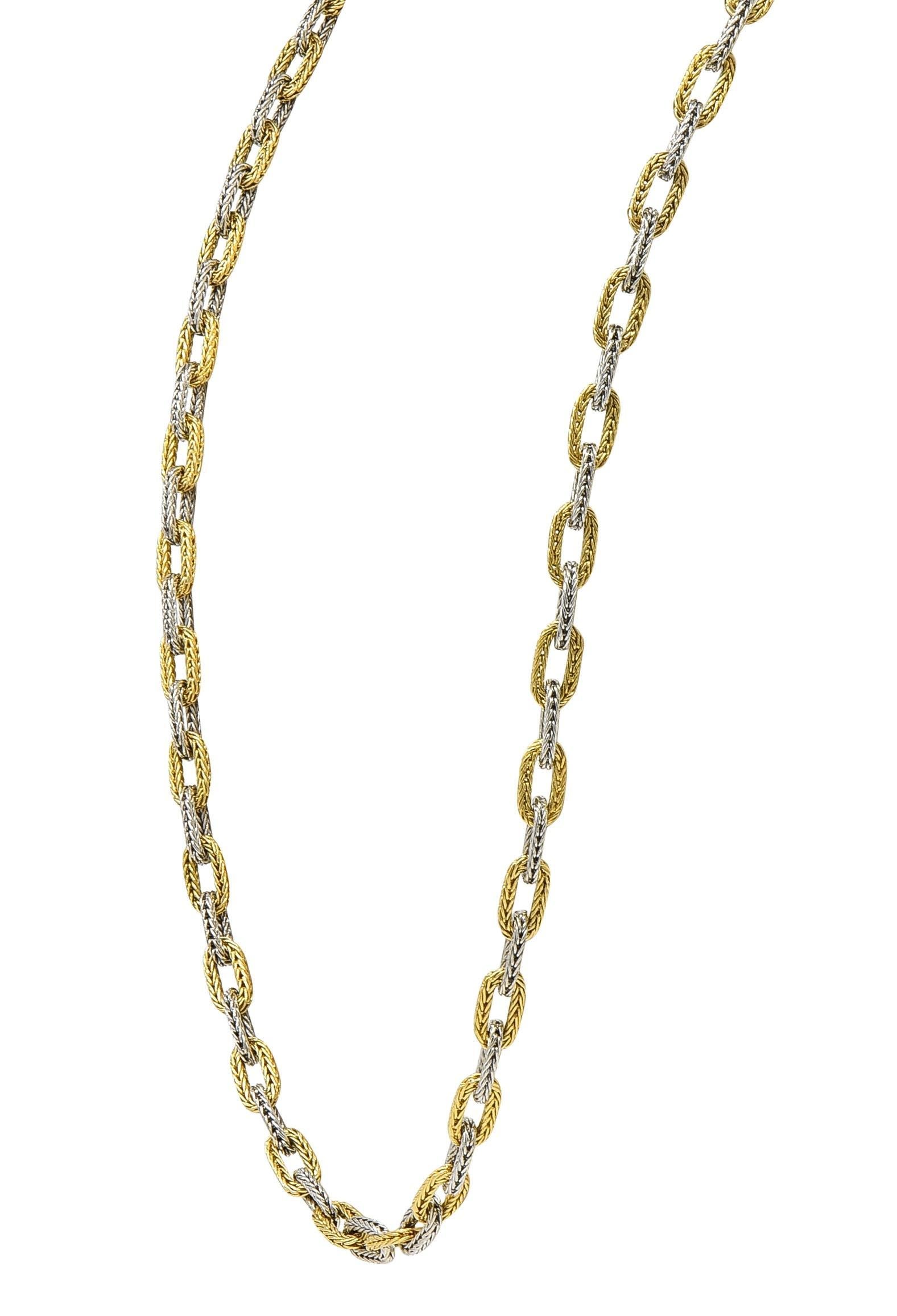 1960's 18 Karat Two-Tone Gold Vintage Woven Mesh Cable Link Chain Necklace In Excellent Condition For Sale In Philadelphia, PA