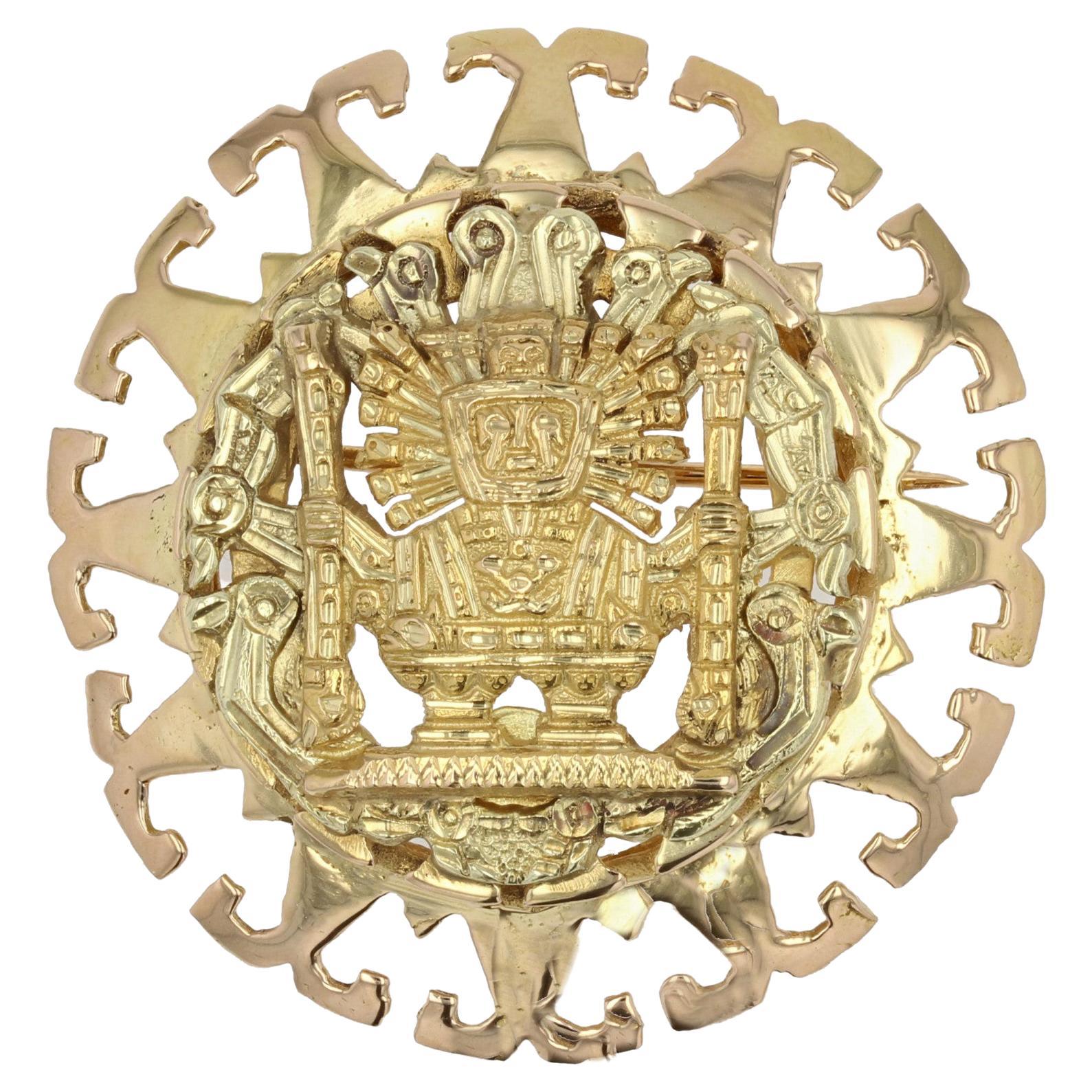 Pendentif broche aztèque en or jaune 18 carats, années 1960