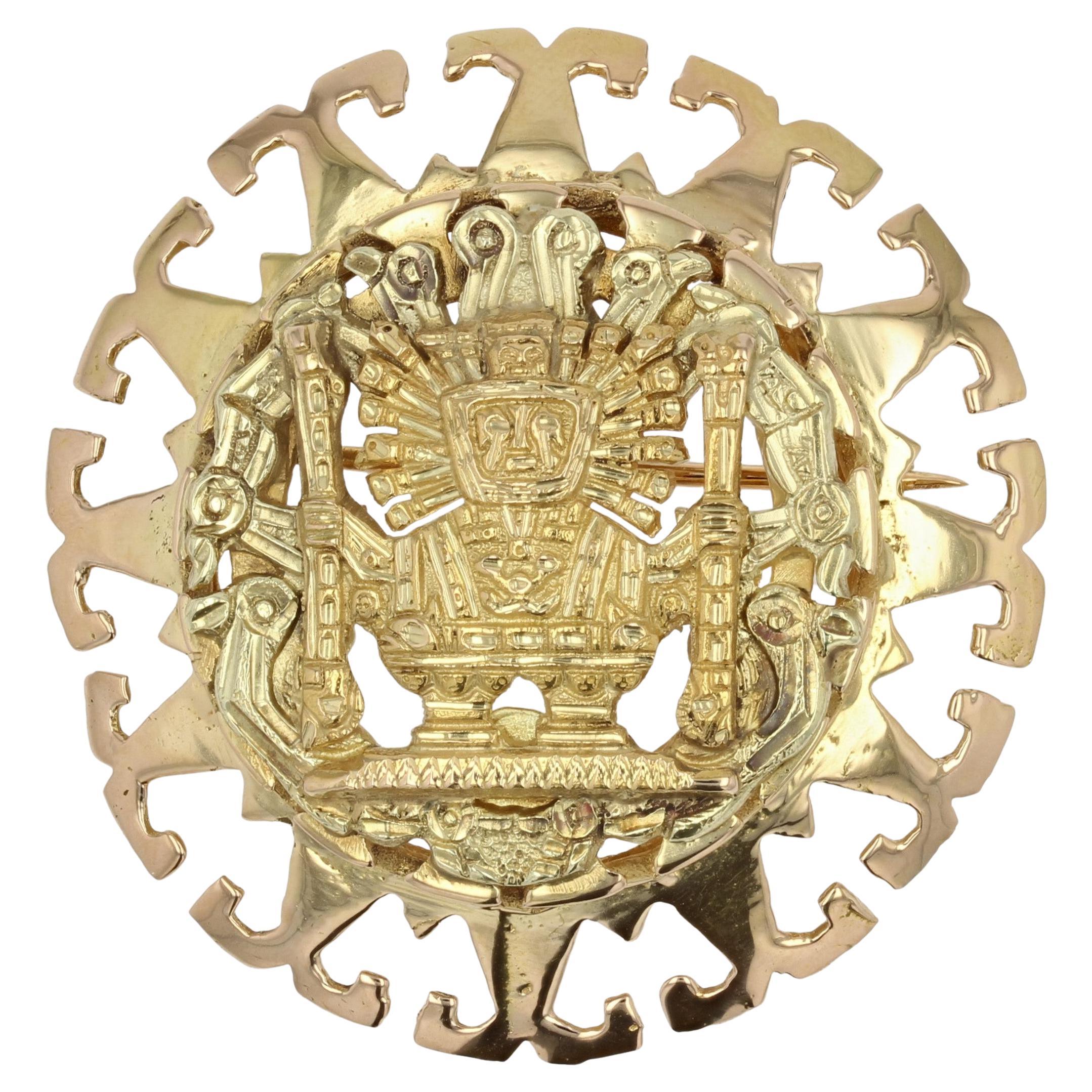 1960s 18 Karat Yellow Gold Aztec Brooch Pendant