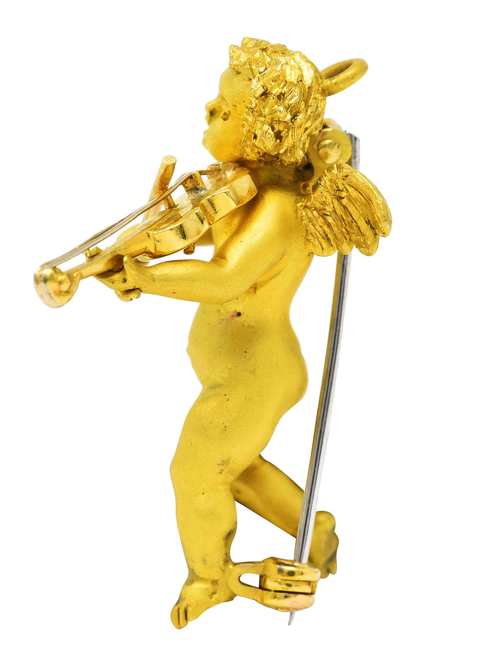 Contemporain Broche pendentif chérubin violon vintage en or jaune 18 carats avec chérubin, années 1960 en vente