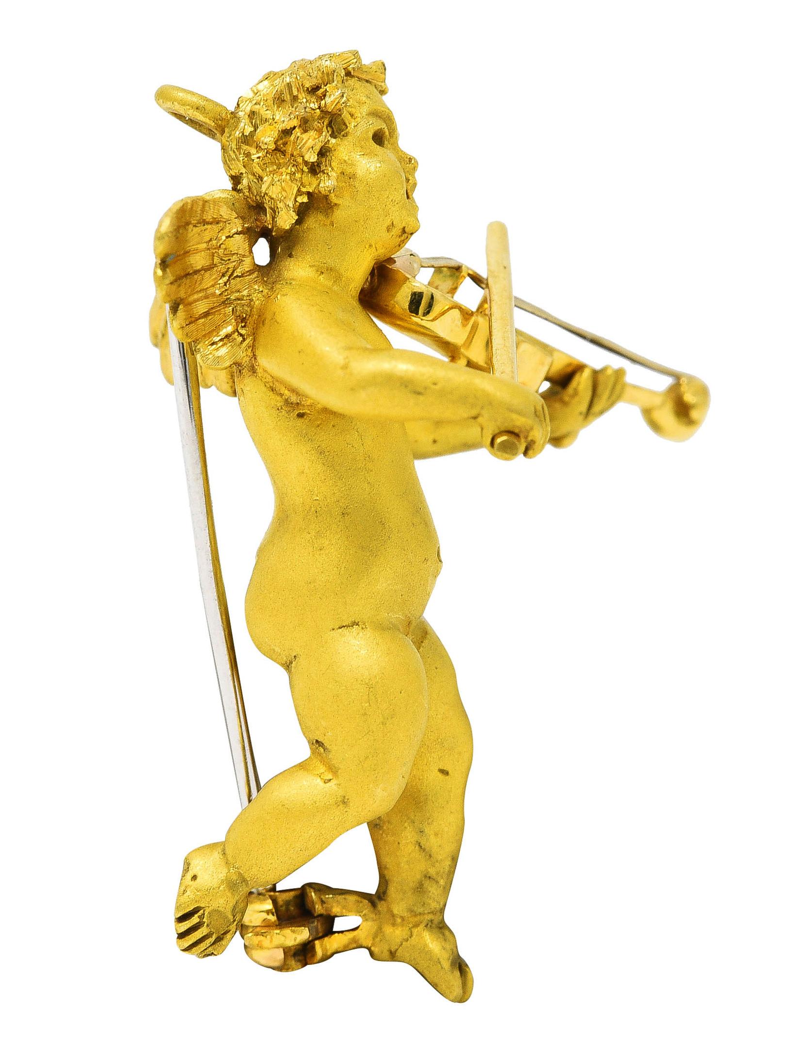 Broche pendentif chérubin violon vintage en or jaune 18 carats avec chérubin, années 1960 Unisexe en vente