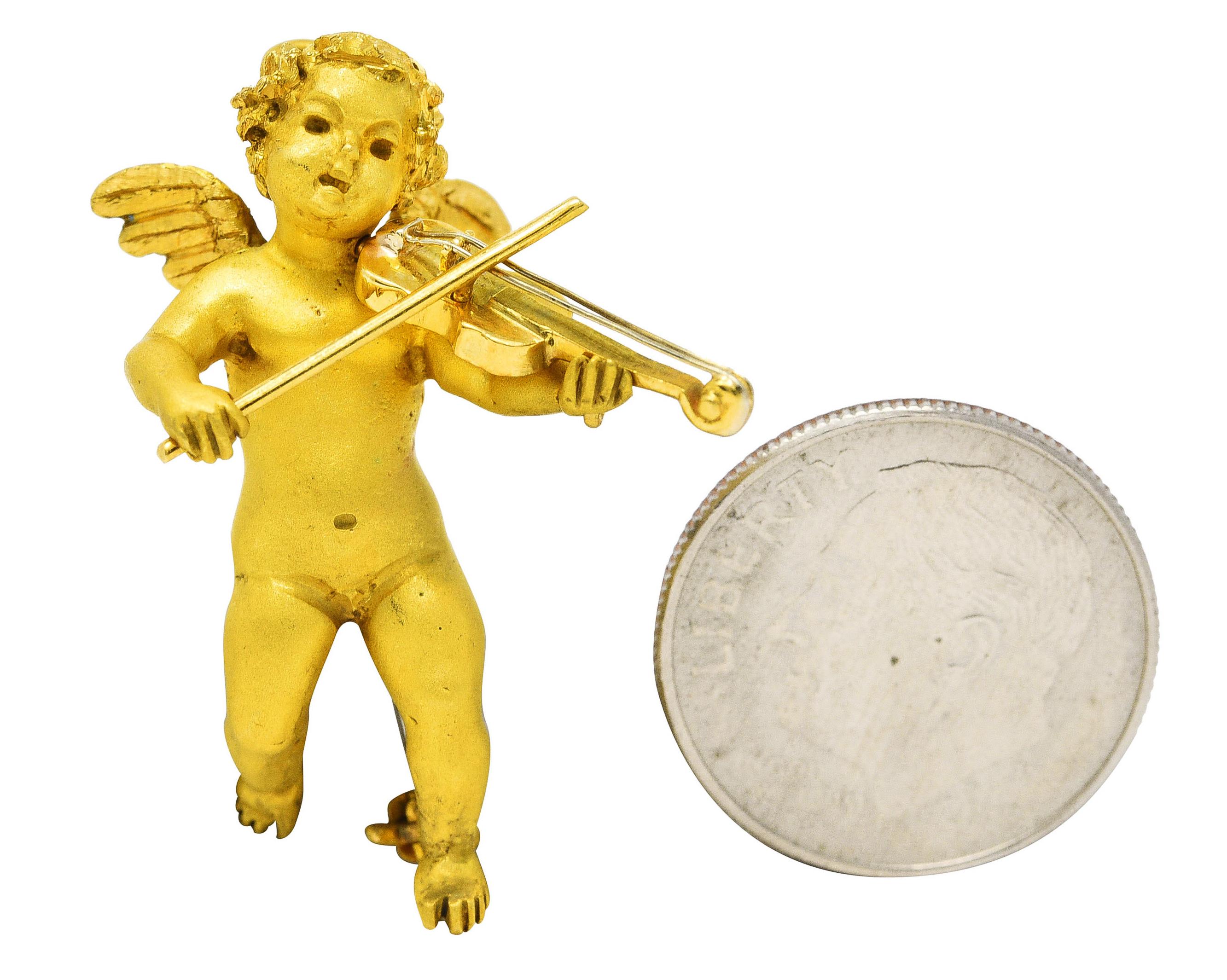 1960's 18 Karat Yellow Gold Cherub Violin Vintage Pendant Brooch For Sale 4
