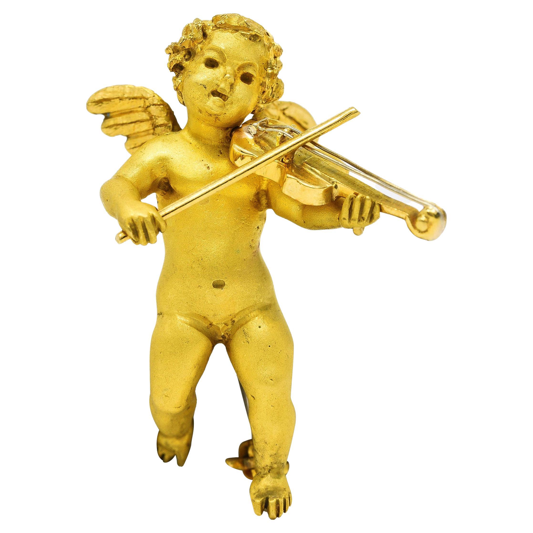 1960's 18 Karat Yellow Gold Cherub Violin Vintage Pendant Brooch For Sale