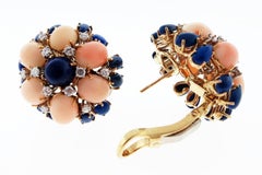 1960s 18 Karat Yellow Gold Coral Lapis and Diamond Earrings