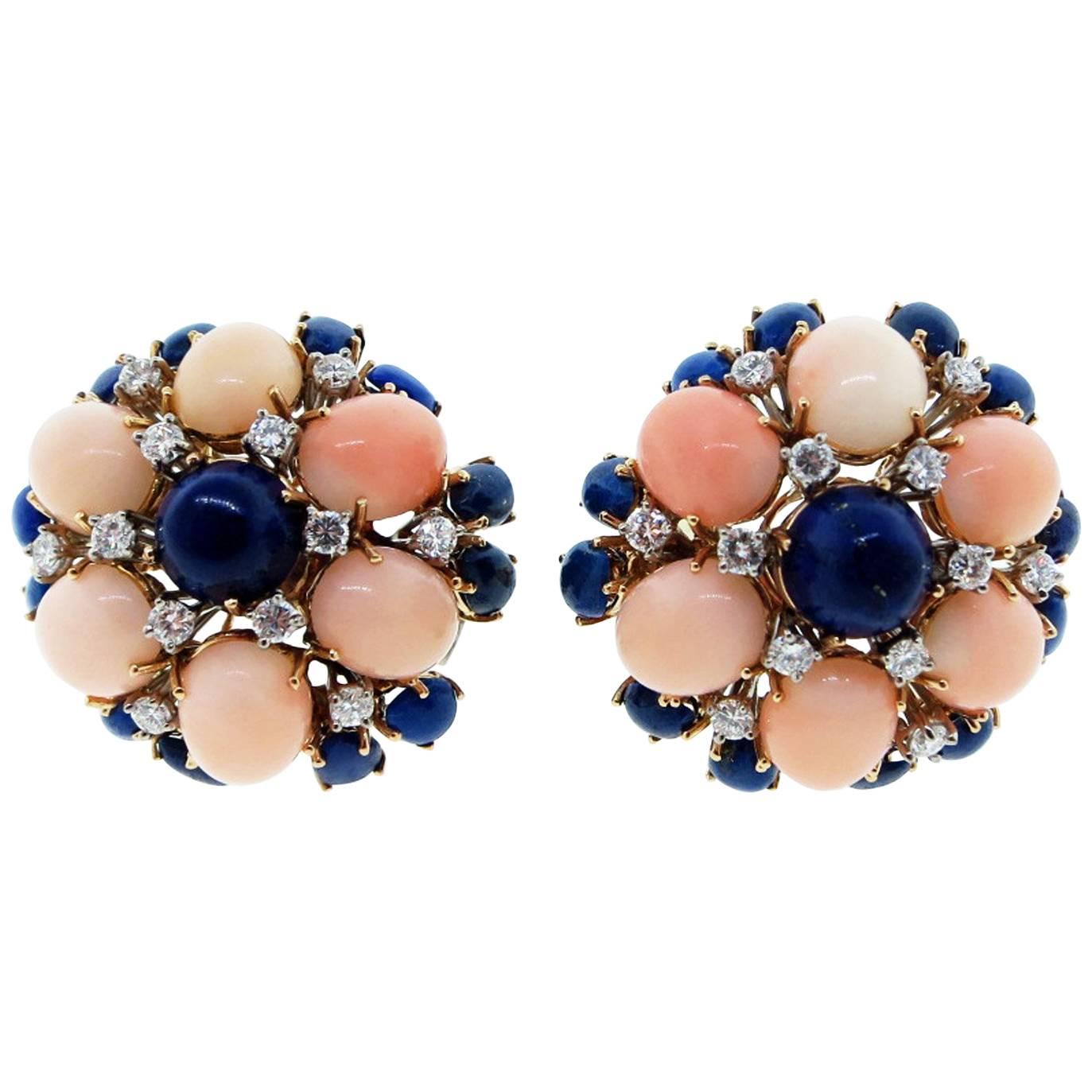 1960s 18 Karat Yellow Gold Coral Lapis and Diamond Earrings For Sale