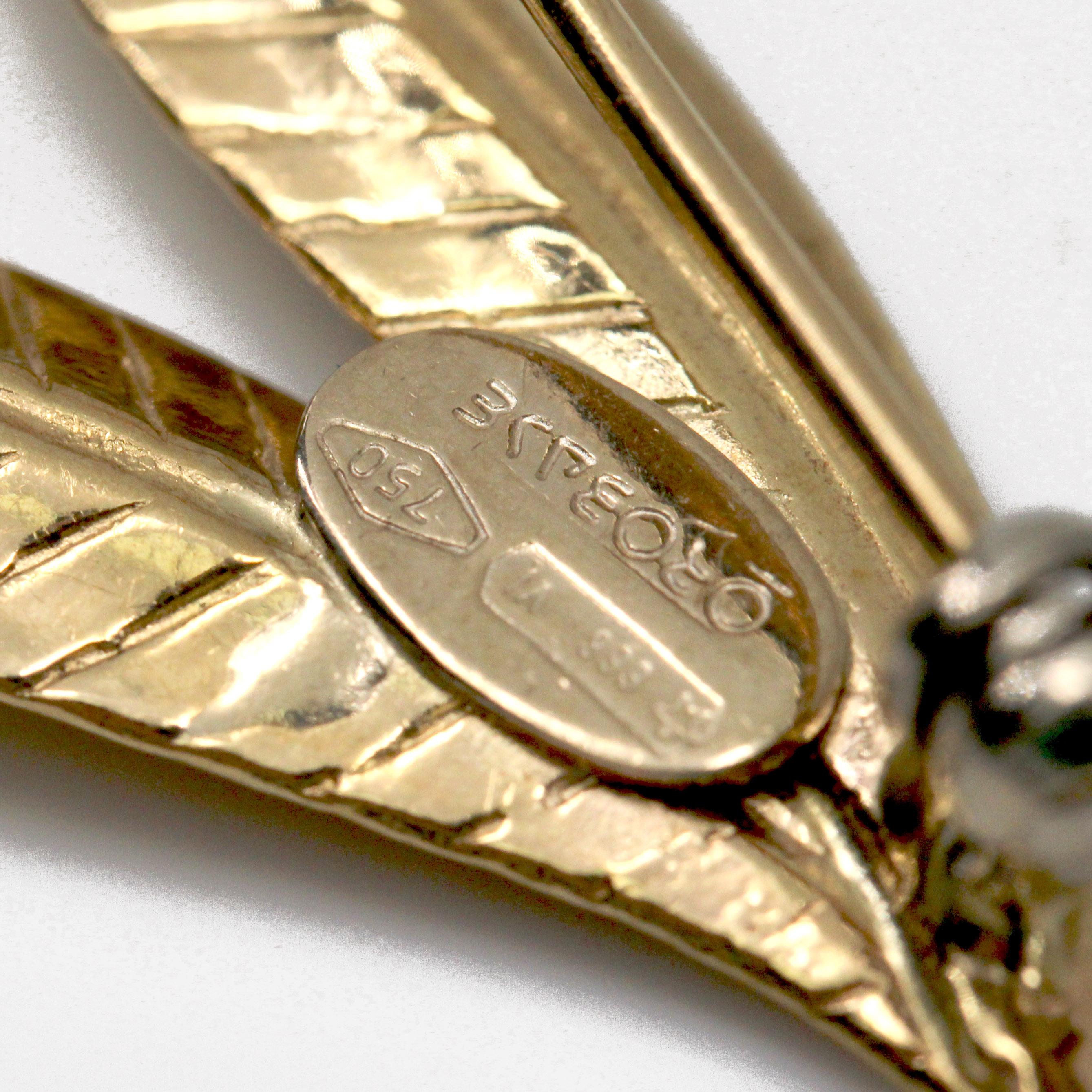1960s 18 Karat Yellow Gold Double Leaf Brooch For Sale 4