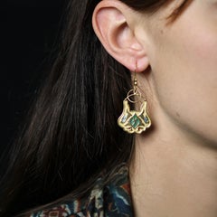 1960s 18 Karat Yellow Gold Enameled Drop Oriental Earrings