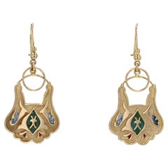 Orecchini orientali a goccia smaltati in oro giallo 18 carati del 1960