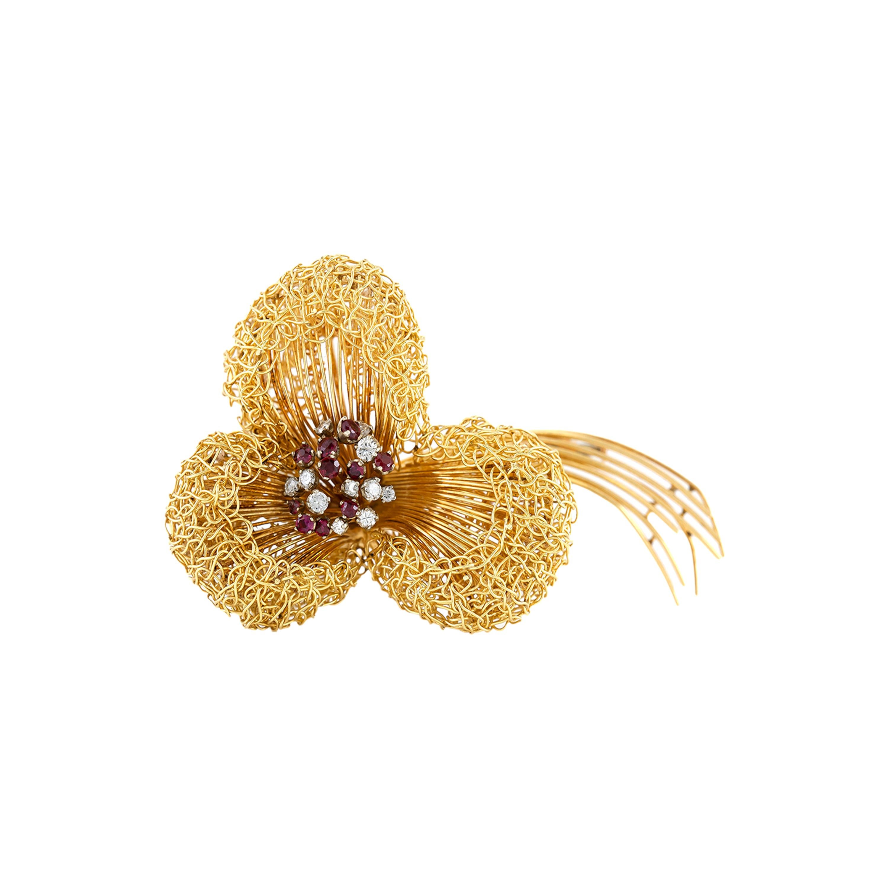 1960s 18 Karat Yellow Gold Flower with Ruby and Diamonds Brooch