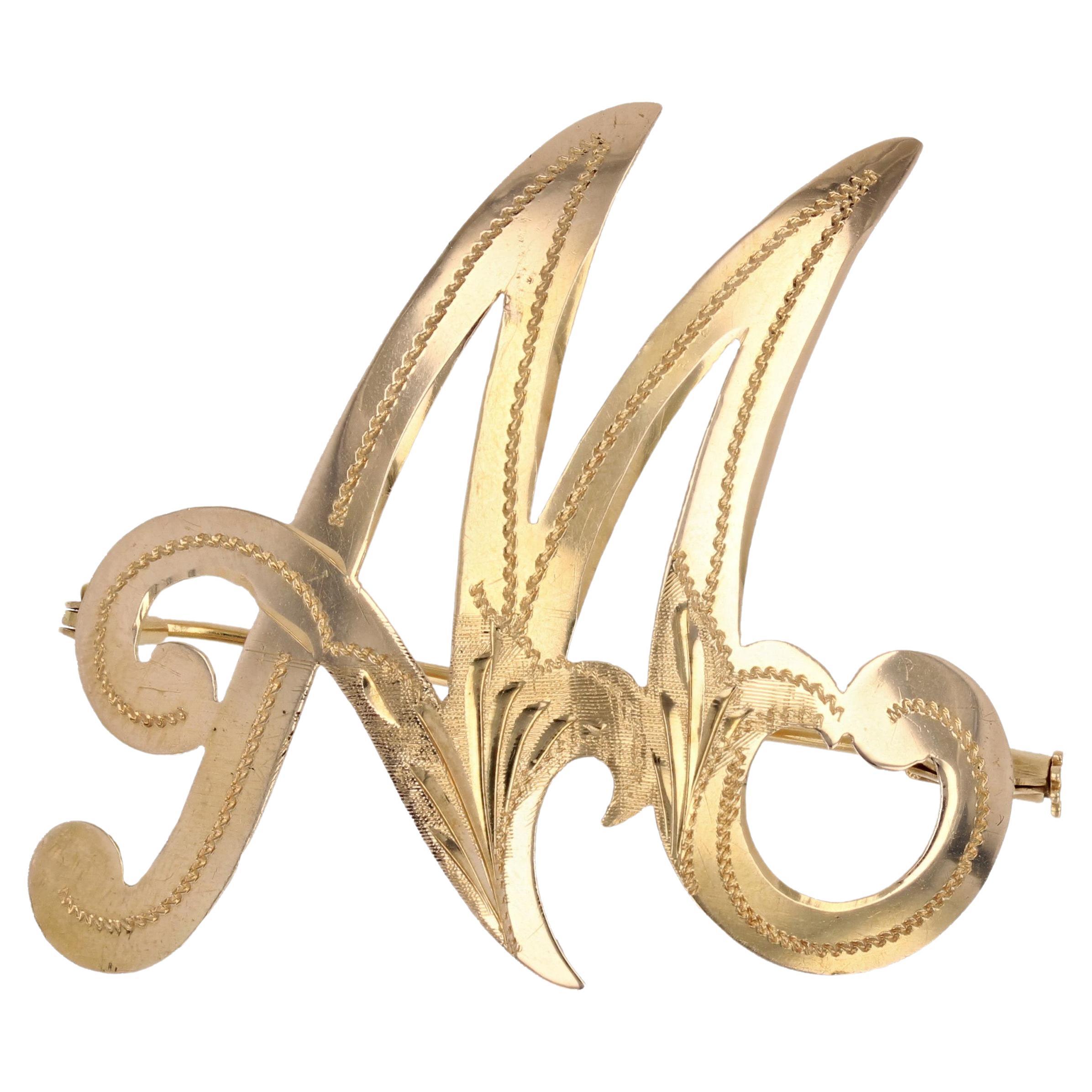 1960s 18 Karat Yellow Gold M Letter Brooch For Sale