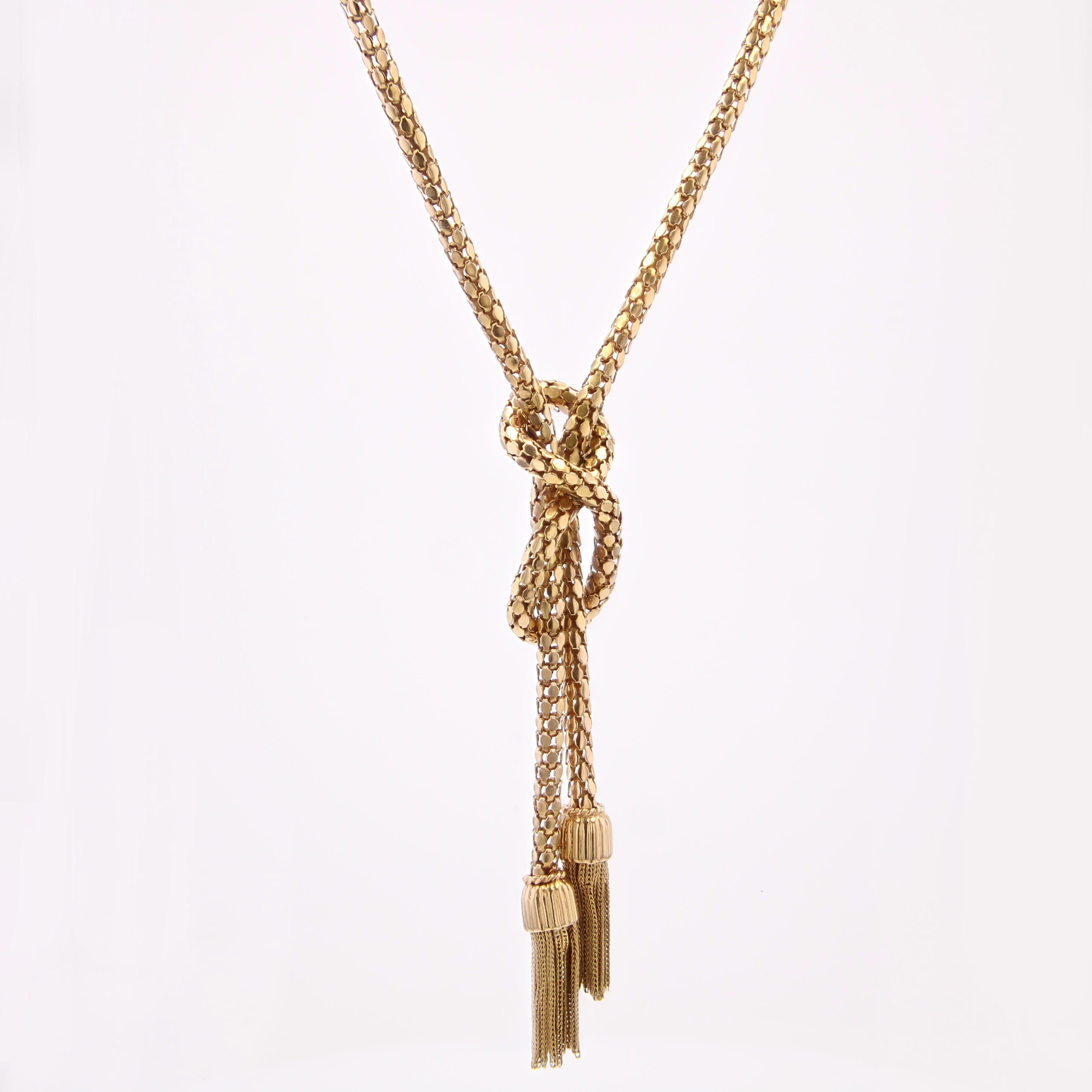 Women's 1960s 18 Karat Yellow Gold Orvet Mesh and Tassels Necklace For Sale