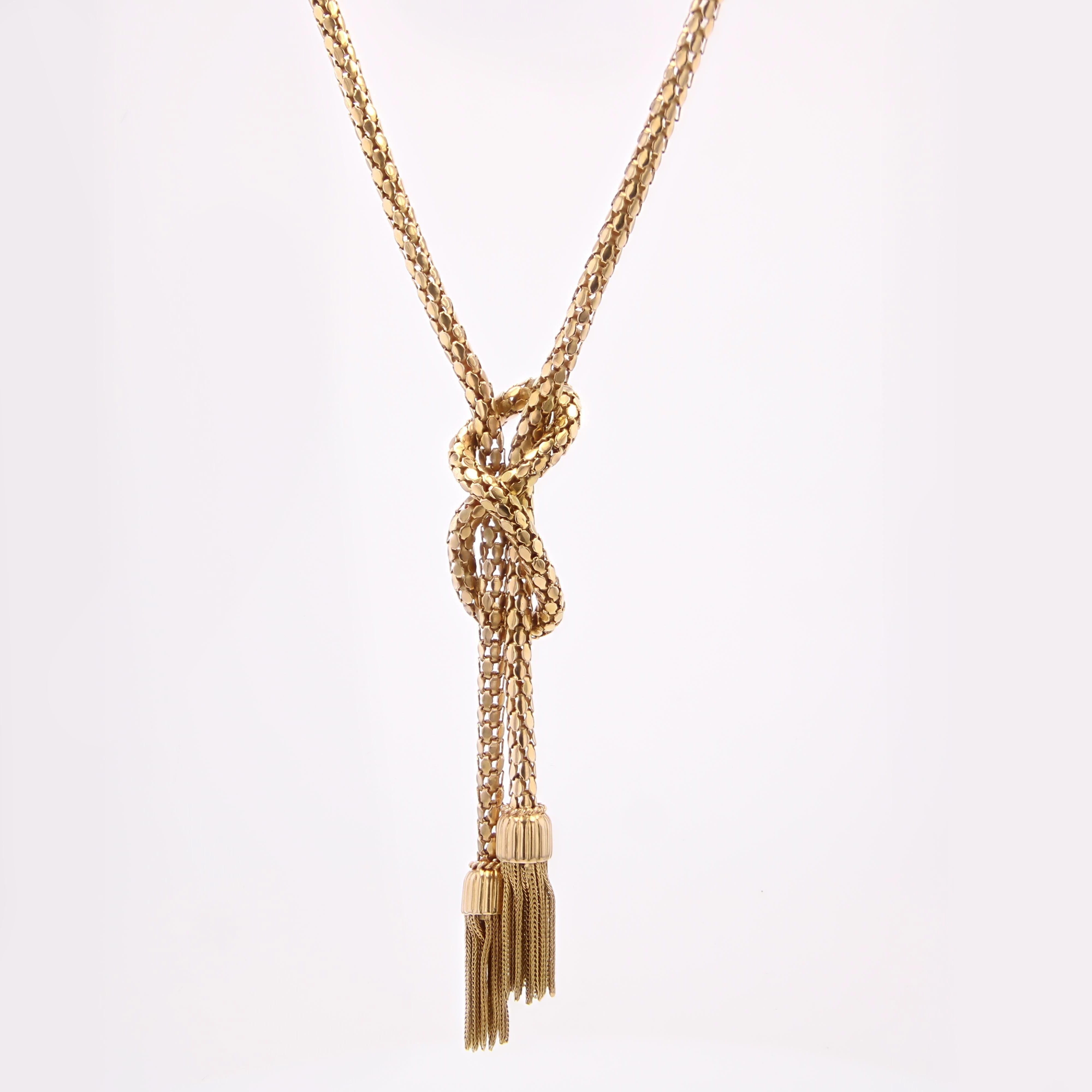 1960s 18 Karat Yellow Gold Orvet Mesh and Tassels Necklace For Sale 1