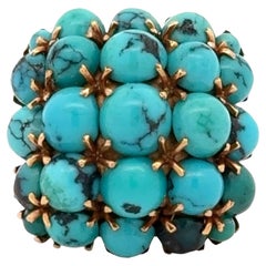 1960's 18 Karat Yellow Gold Turquoise Gemstone Cushion Shape Vintage Ring
