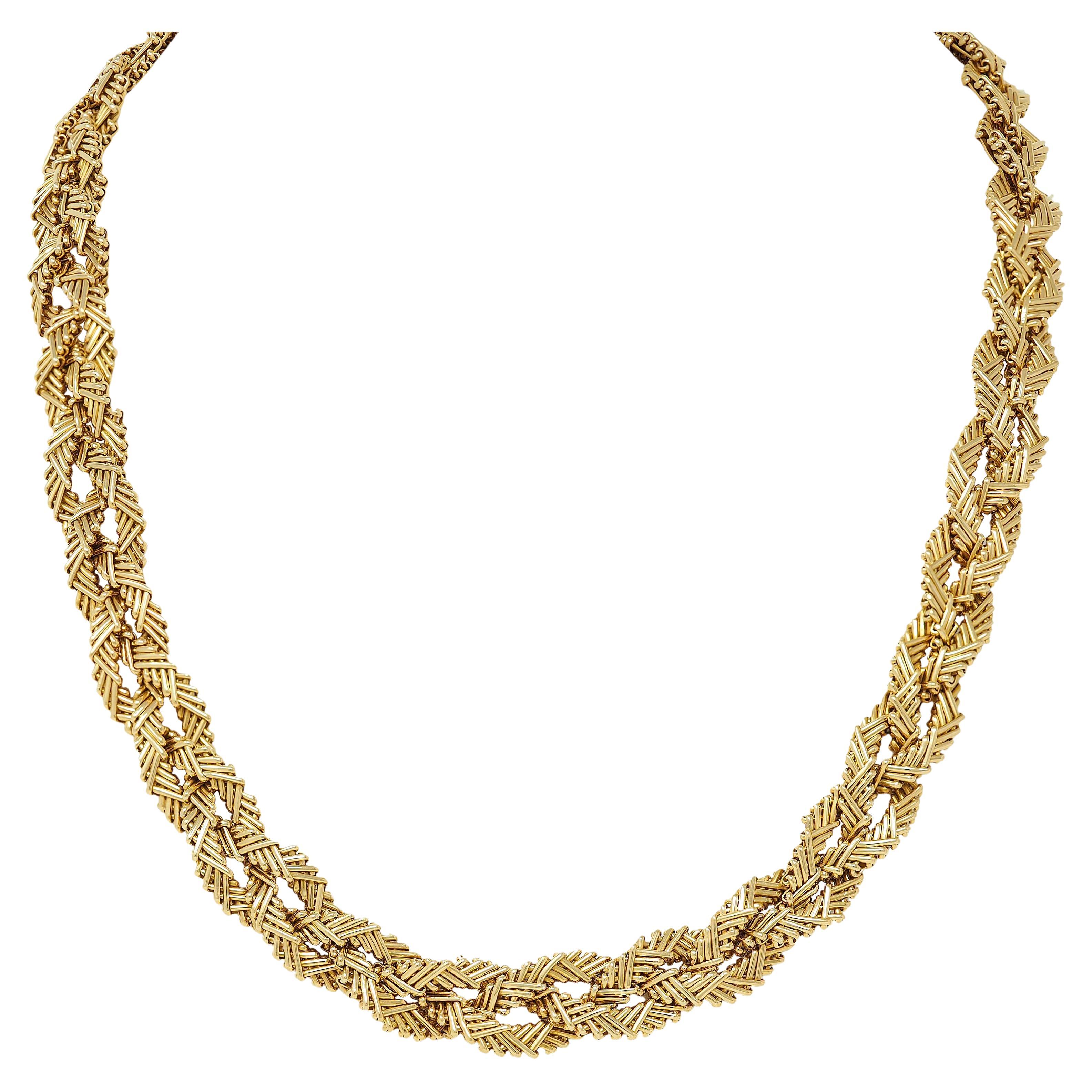 1960er Jahre 18 Karat Gelbgold Vintage Ausgefallene geflochtene Korbgeflecht Kette Halskette