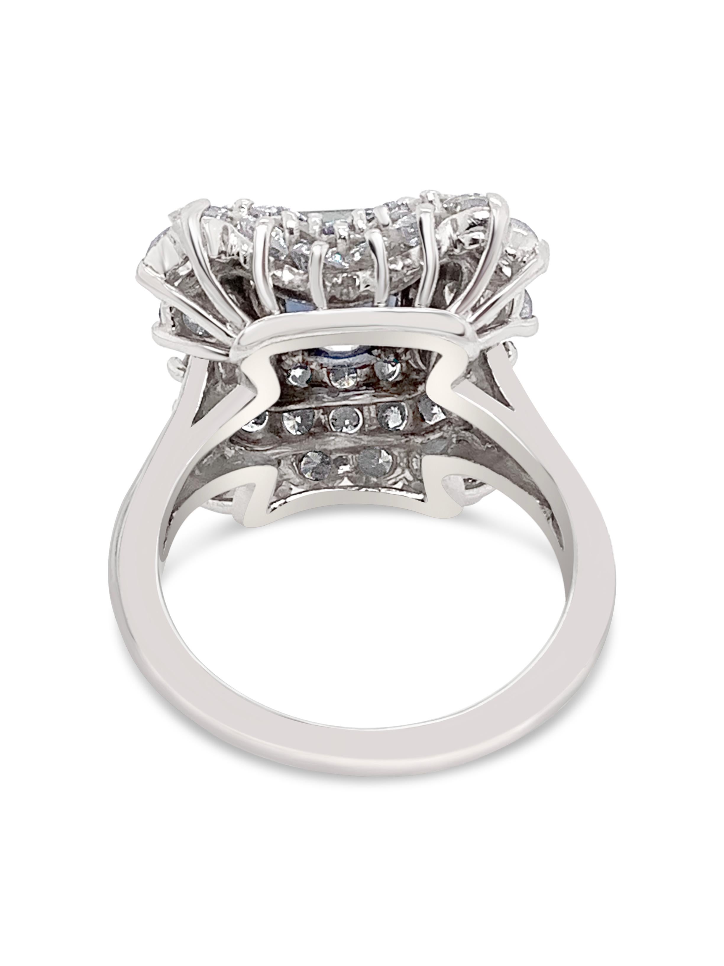 Contemporary 1960s 1.82 Carat Sapphire and 3 Carat Total Weight Diamond Ring in Platinum For Sale