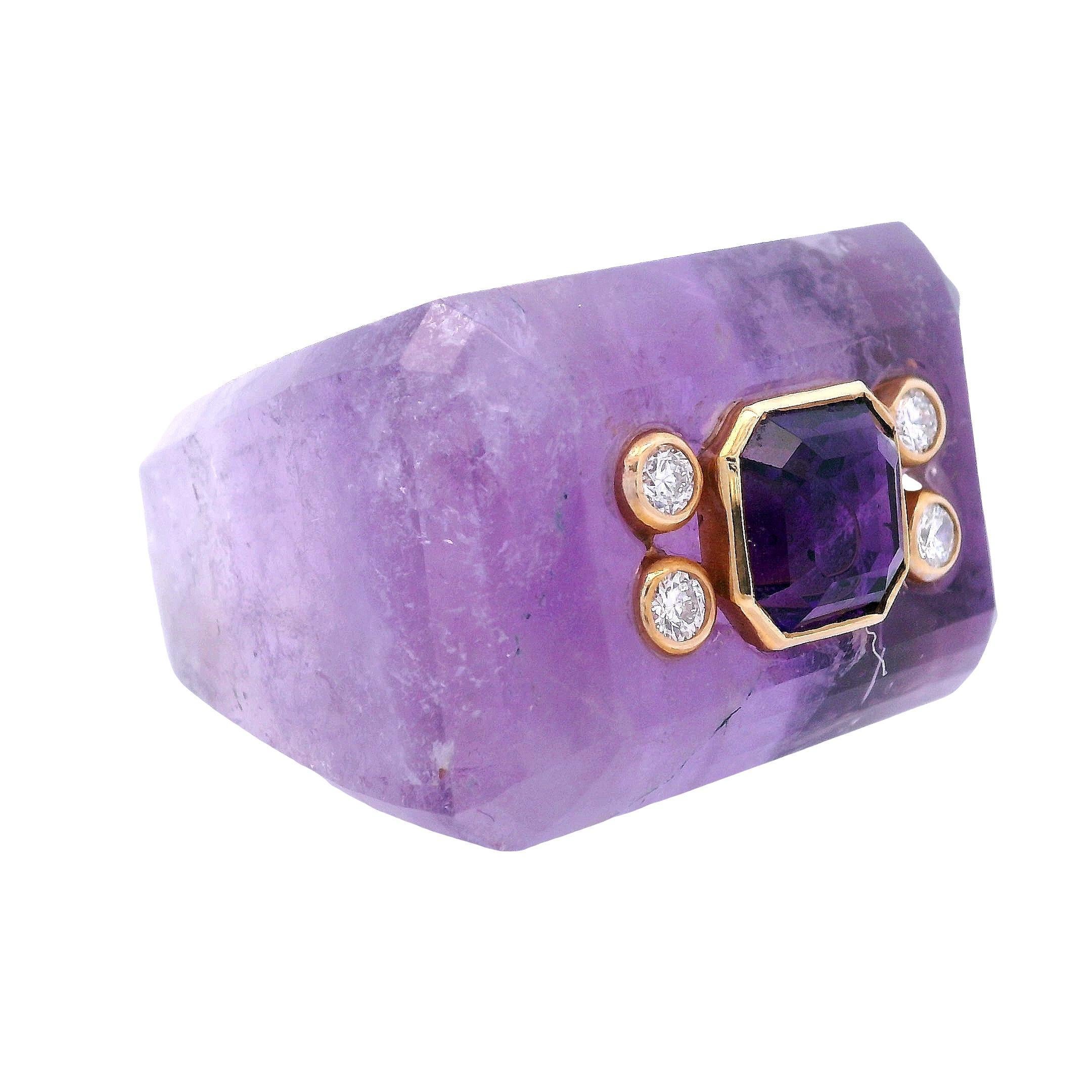 Old European Cut 1960’s 18K Amethyst & Diamond Ring For Sale