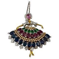 1960s 18k Ballerina Pendant/Brooch with Diamonds, Sapphires, Rubies, Emeralds