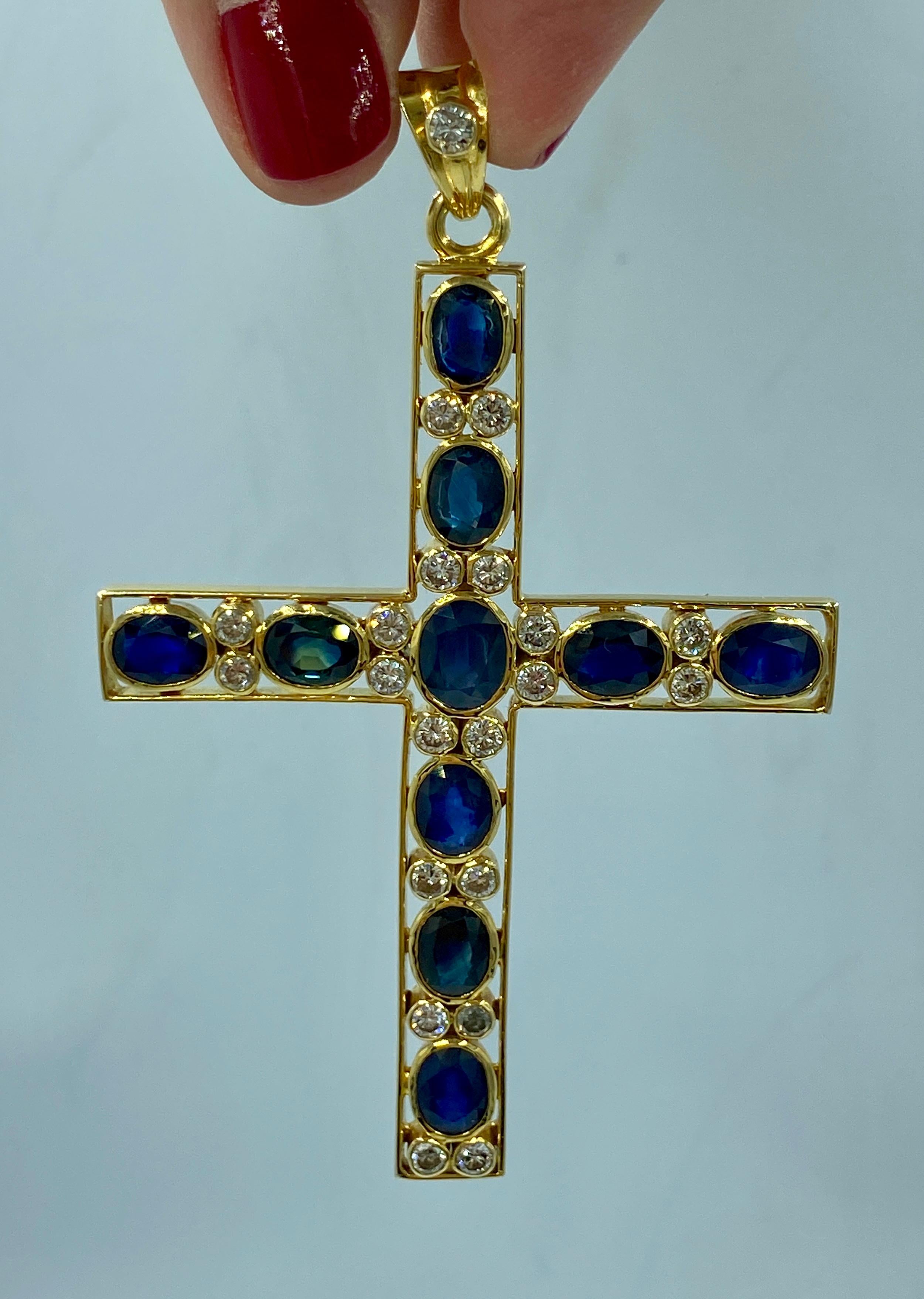 Women's or Men's 1960s 18k gold cross with 15c oval faceted sapphires and diamonds For Sale