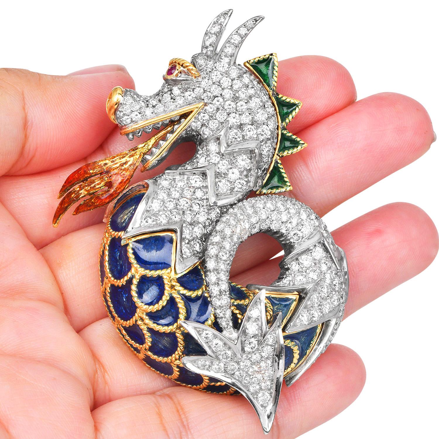 1960's  18K Gold Drache Diamant 9,50cts Emaille Brosche Pin im Zustand „Hervorragend“ im Angebot in Miami, FL