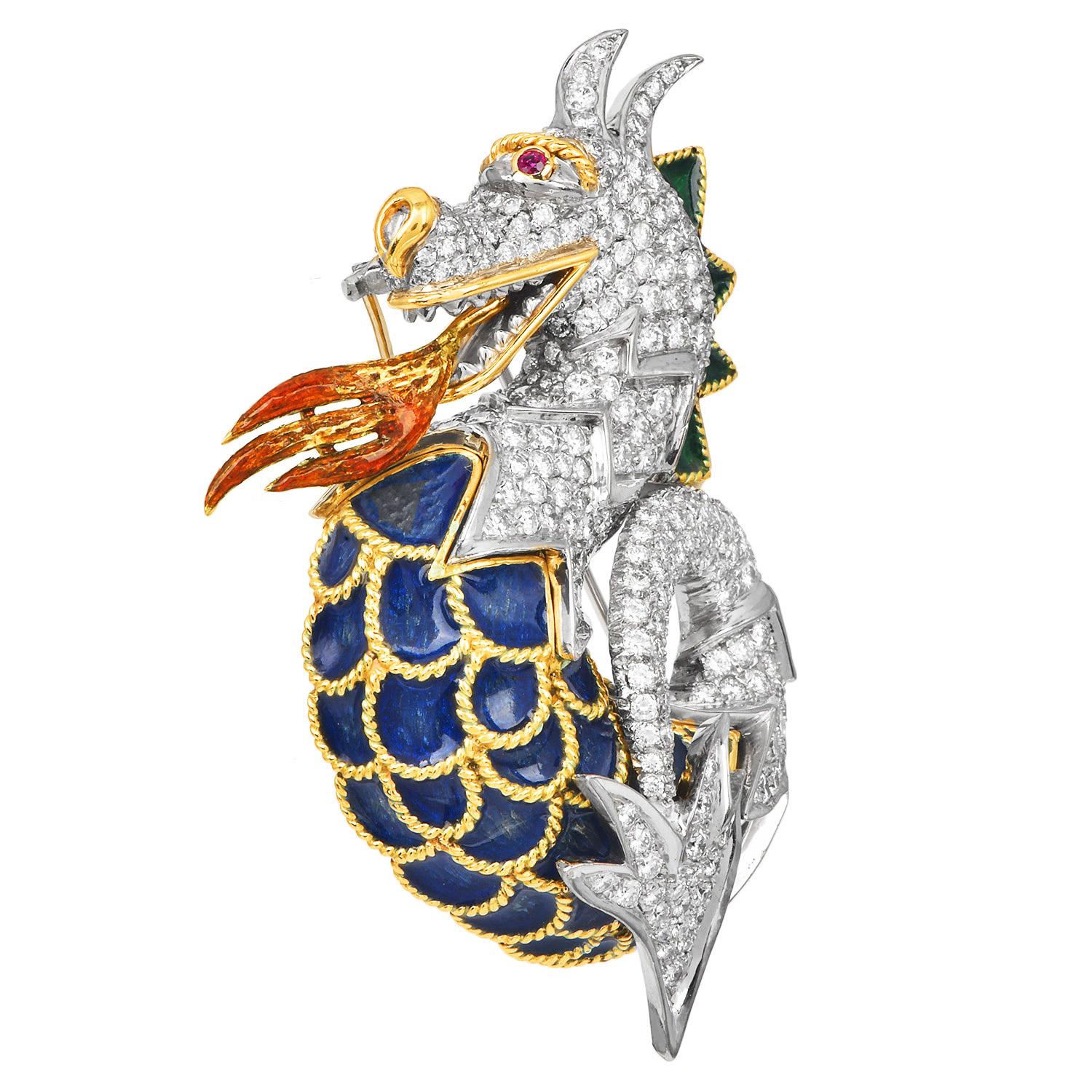 1960's  18K Gold Drache Diamant 9,50cts Emaille Brosche Pin Damen im Angebot