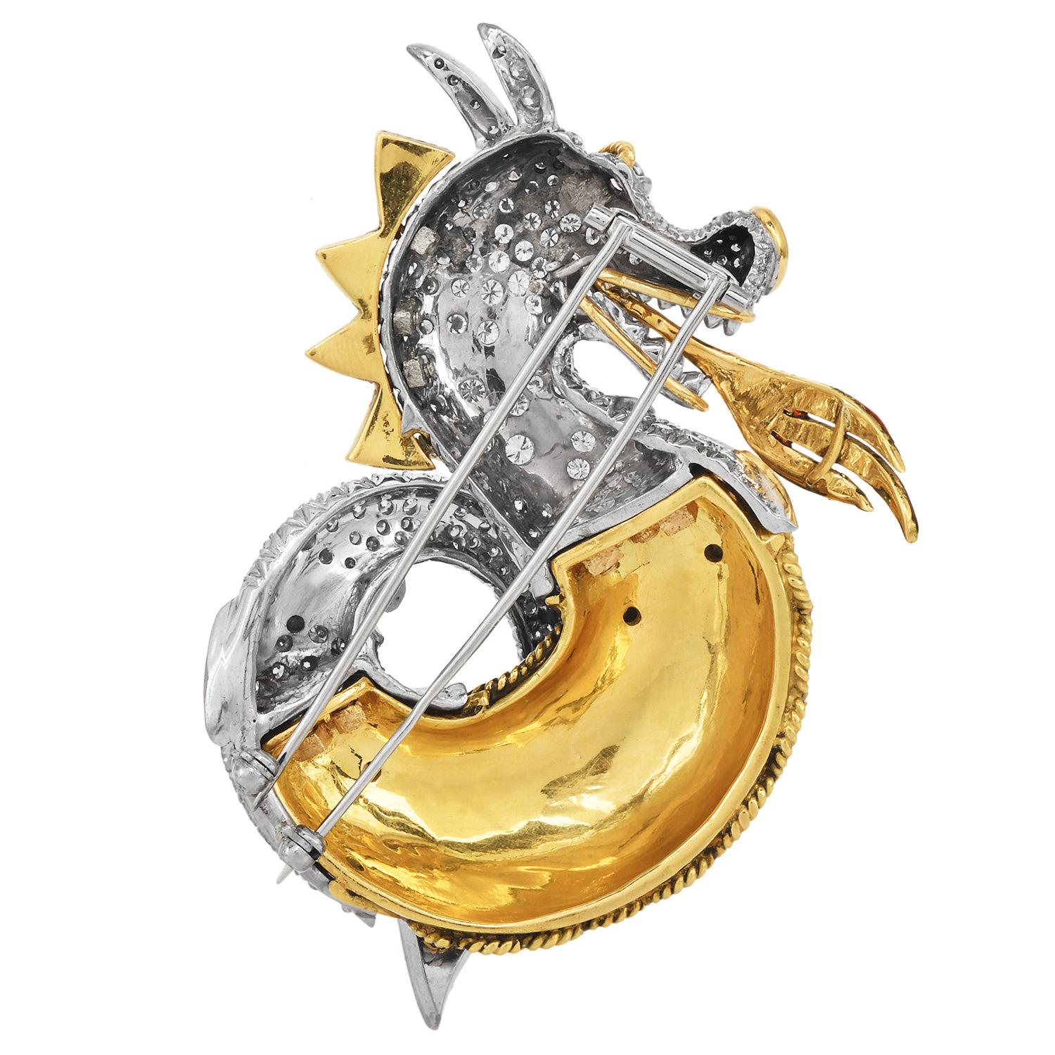 1960's  18K Gold Drache Diamant 9,50cts Emaille Brosche Pin im Angebot 1