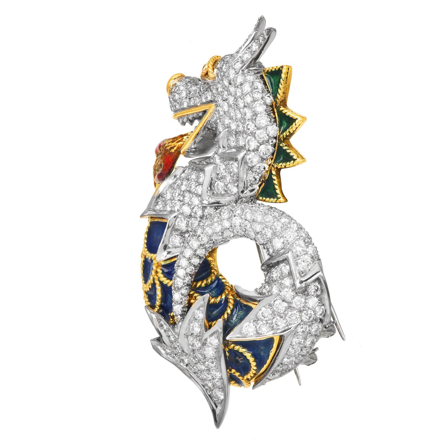 1960's  18K Gold Drache Diamant 9,50cts Emaille Brosche Pin im Angebot 2
