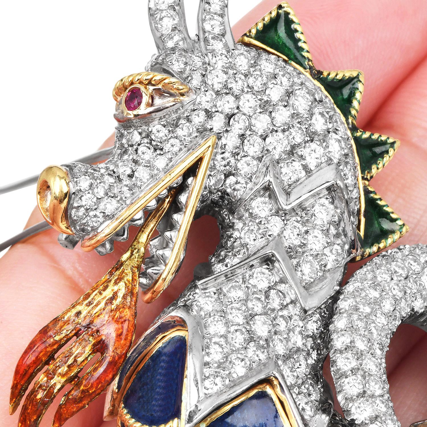 1960's  18K Gold Drache Diamant 9,50cts Emaille Brosche Pin im Angebot 3