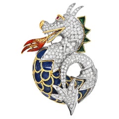 1960's  18K Gold Dragon Diamond 9.50cts Enamel Brooch Pin