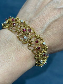 1960s 18k Gold Organic Shaped Bracelet With Rubies and Diamonds