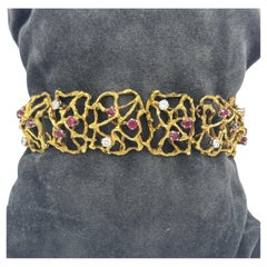 1960s 18k Gold Organic Shaped Bracelet With Rubies and Diamonds