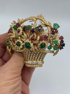 1960s 18k Gold Wicker Basket Brooch with Diamonds, Emeralds, Sapphires & Rubies