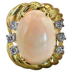 1960's 18K Yellow Gold, Angel Skin Coral and Diamond Ring